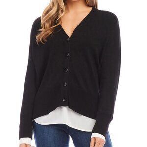 Karen Kane Layered Sweater Cardigan Cashmere Blend Black White Shirt Hem NWT L